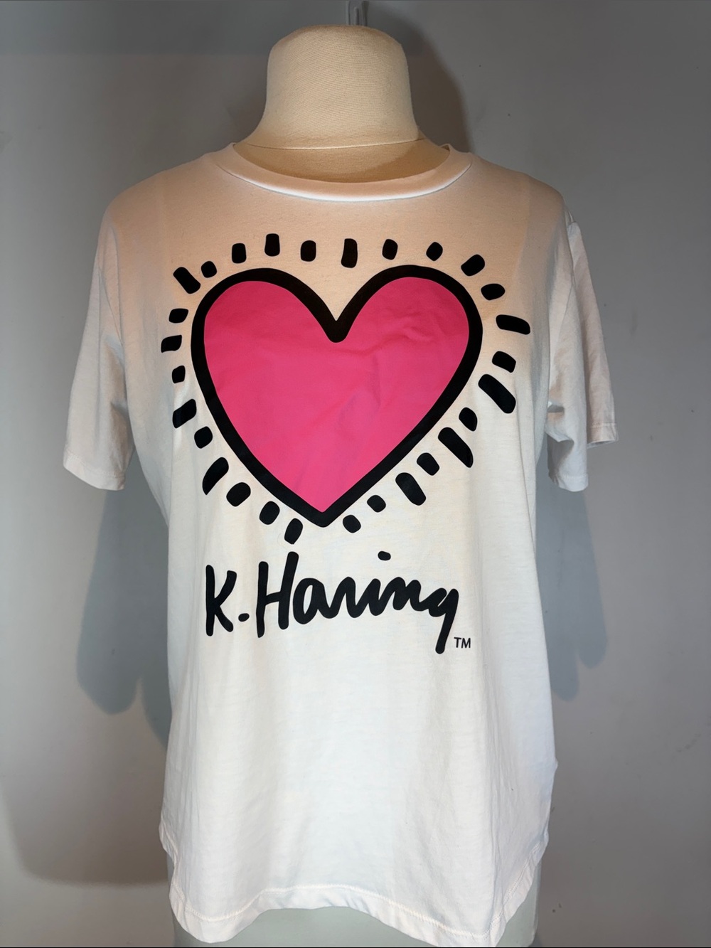 Keith Haring Pink Heart Graphic T-Shirt White NWOT